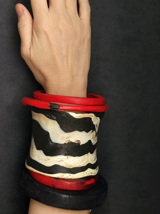 Vegan Ivory, Black & Red Bangle Stack Size L (Set of 5) - Image 2