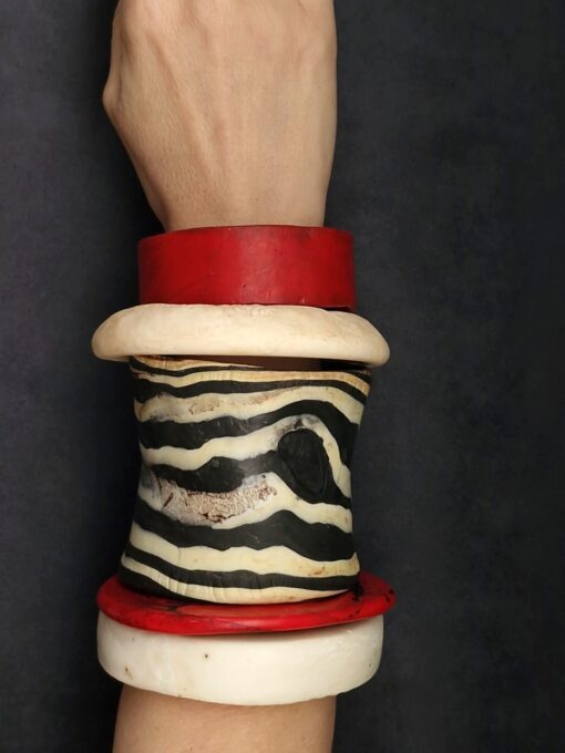 Vegan Ivory, Black & Red Bangle Stack Size M (Set of 5) - Image 2