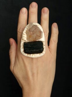 Orange River Crystal & Tourmaline Black Stone Ring Size 7.5