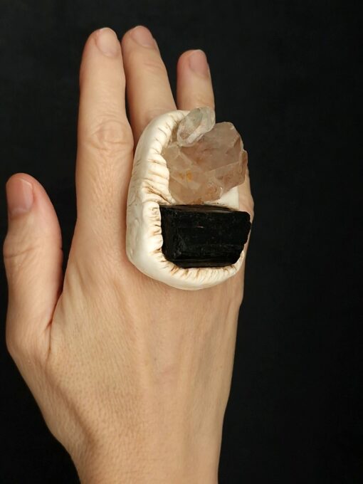 Orange River Crystal & Tourmaline Black Stone Ring Size 7.5 - Image 4
