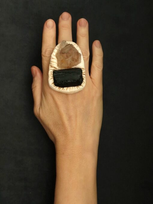Orange River Crystal & Tourmaline Black Stone Ring Size 7.5 - Image 3