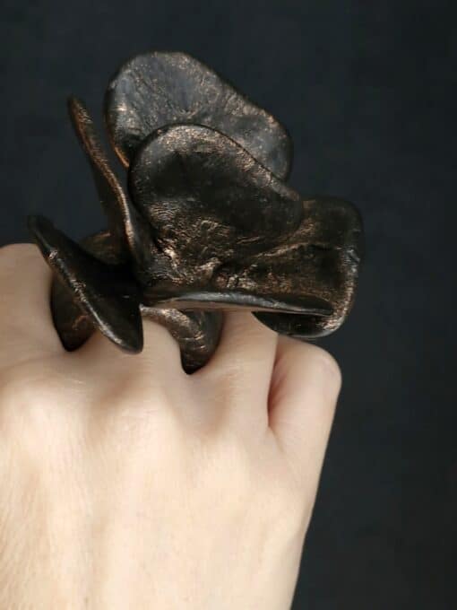 Black with Gold Sheen Flower Ring Size 7.5 - Image 2