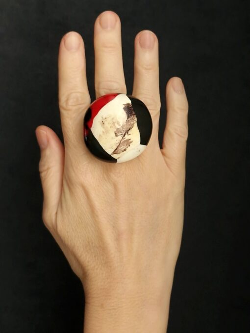 Vegan Ivory, Black & Red Ring Size 7