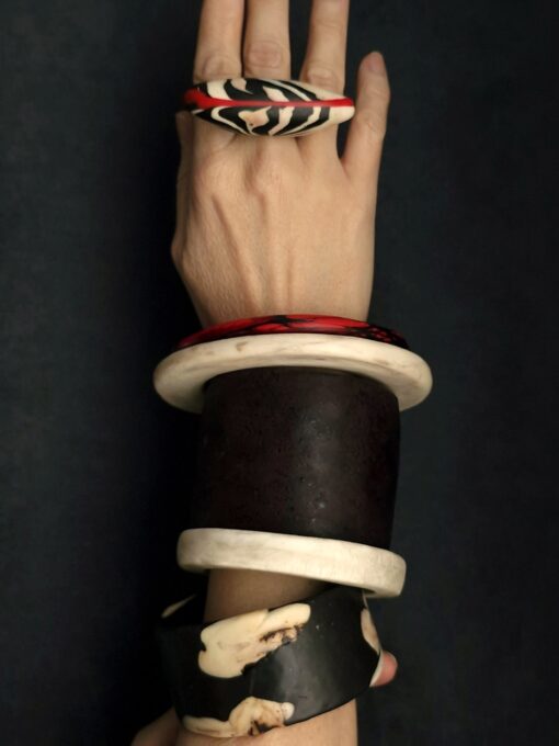 Vegan Ivory, Black, Red & Brown Bangle Stack Size L (Set of 5) - Image 2