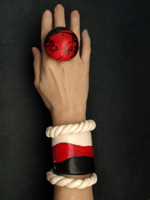 Red, Black & Vegan Ivory Flat Cuff - Adjustable Size (S to L) - Image 4