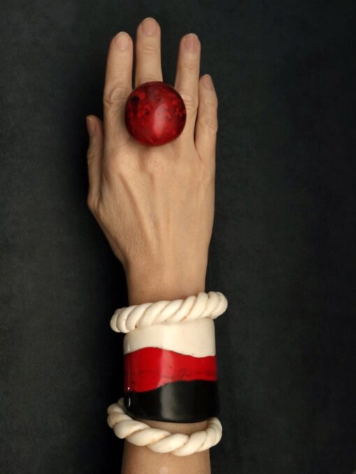 Red, Black & Vegan Ivory Flat Cuff - Adjustable Size (S to L) - Image 6