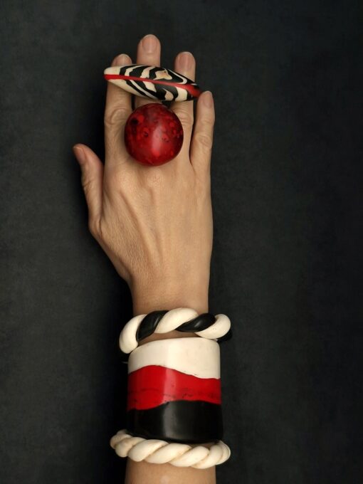 Red, Black & Vegan Ivory Flat Cuff - Adjustable Size (S to L) - Image 7