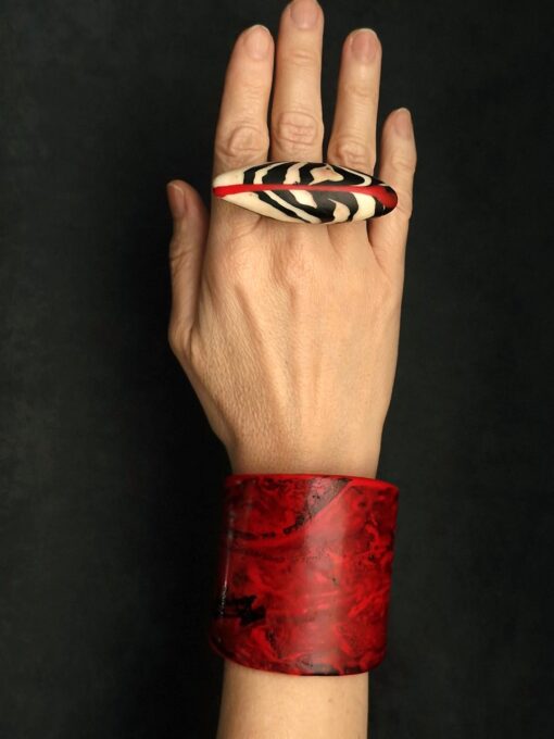 Vegan Ivory, Black & Red Ring Size 7 - Image 5