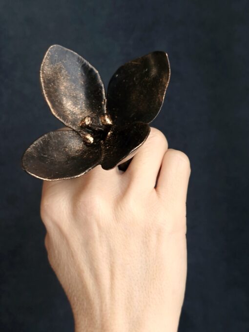 Black with Gold Sheen Flower Ring Size 8