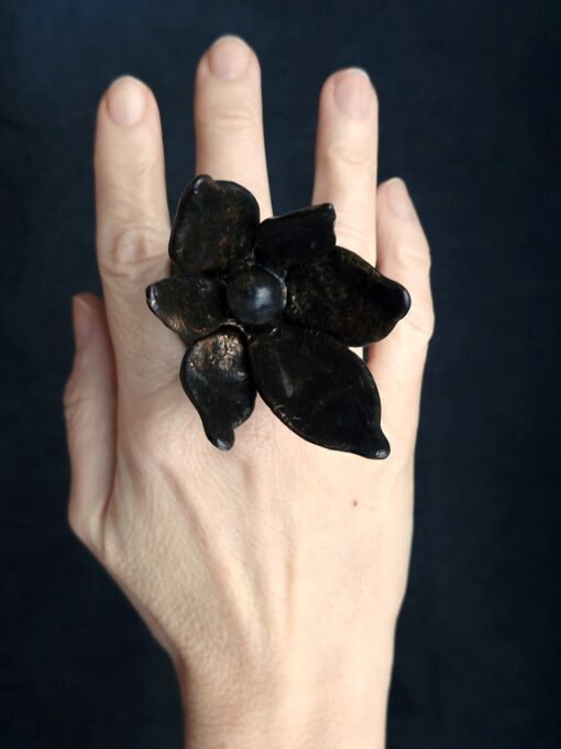 Black with Gold Sheen Flower Ring Size 8.5 - Image 2