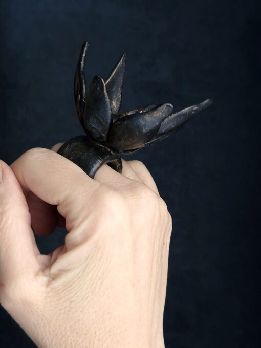 Black with Gold Sheen Flower Ring Size 8.5 - Image 5