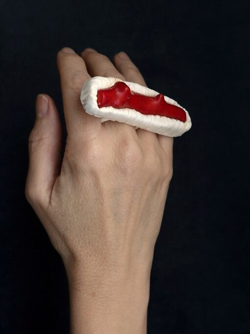 Vegan Ivory & Coral Sculptured Ring Size 8 - Image 2