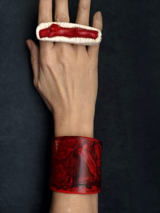 Vegan Ivory & Coral Sculptured Ring Size 8 - Image 3