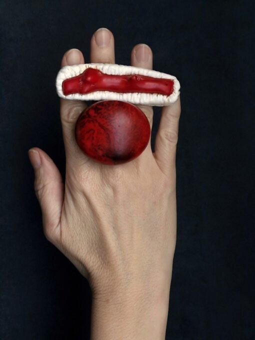 Vegan Ivory & Coral Sculptured Ring Size 8 - Image 4