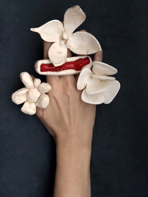 Vegan Ivory & Coral Sculptured Ring Size 8 - Image 5
