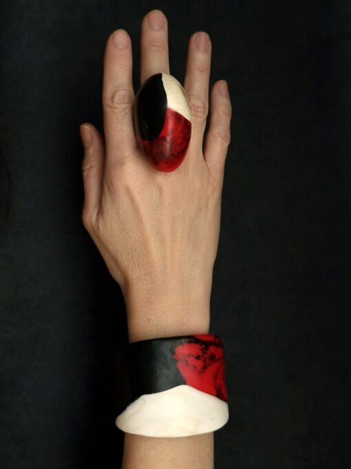 Black, Red & Vegan Ivory Flat Cuff - Size M - L - Image 4