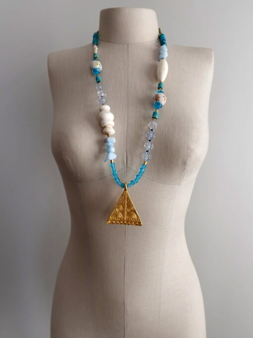 Blue & White Necklace with Nickel-Free Gold Plated Pendant - Image 4