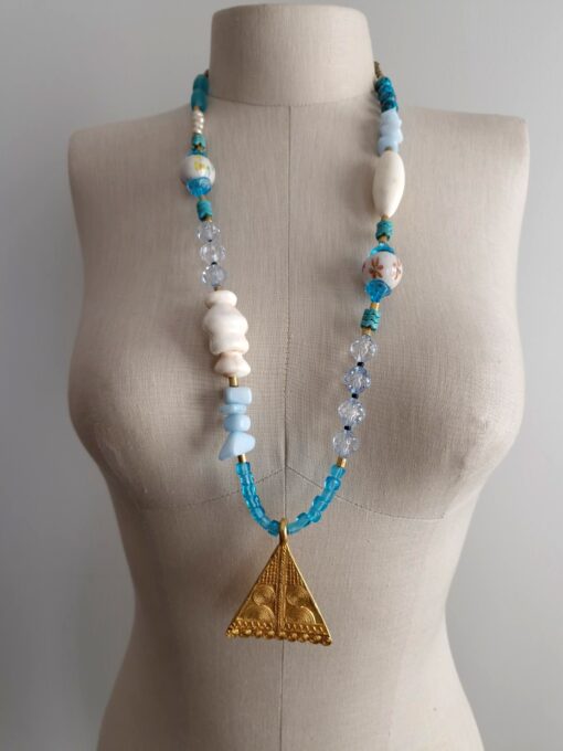 Blue & White Necklace with Nickel-Free Gold Plated Pendant - Image 2