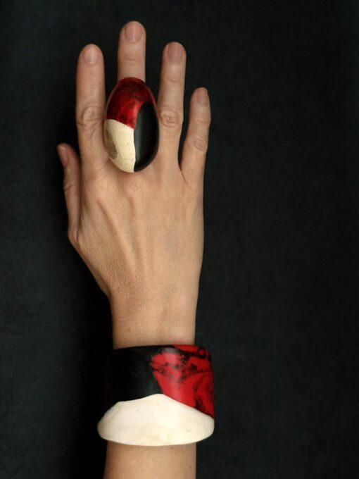 Vegan Ivory, Red & Black Ring - Size 7.5 - Image 4