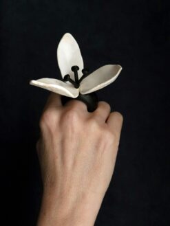 Vegan Ivory & Black Flower Ring - Size 7.5
