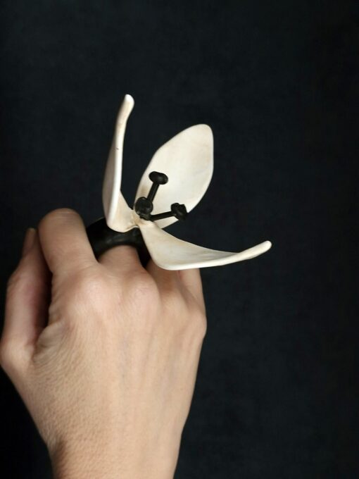 Vegan Ivory & Black Flower Ring - Size 8 - Image 2