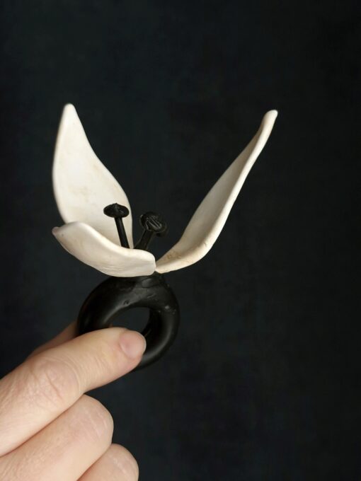 Vegan Ivory & Black Flower Ring - Size 8 - Image 4