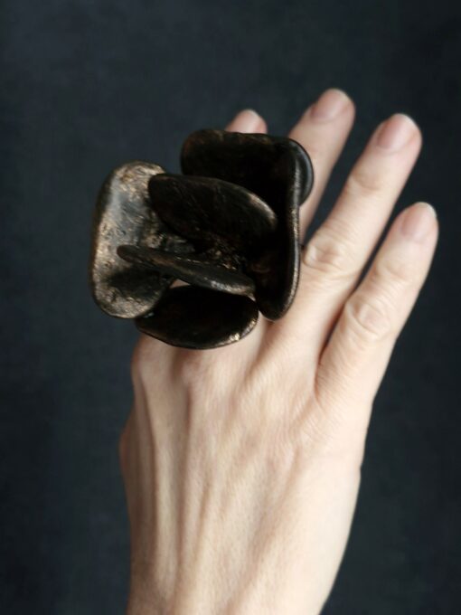 Black with Gold Sheen Flower Ring Size 9.5