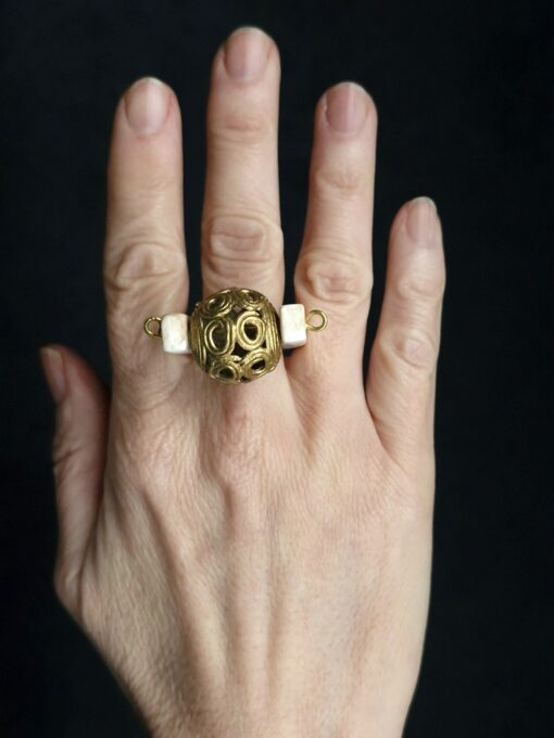 Brass Ball & Vegan Ivory Spin Ring - Size 8 - Image 2