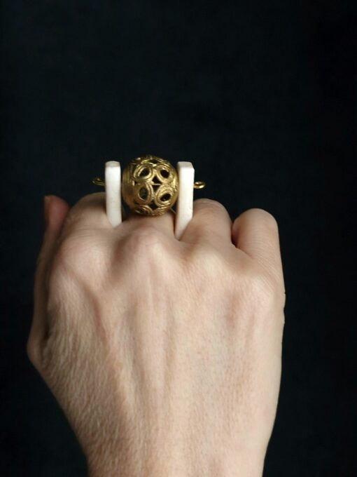 Brass Ball & Vegan Ivory Spin Ring - Size 8 - Image 3