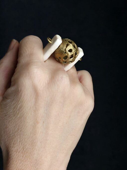 Brass Ball & Vegan Ivory Spin Ring - Size 8