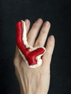 Vegan Ivory & Red Sculptured Ring - Size 8