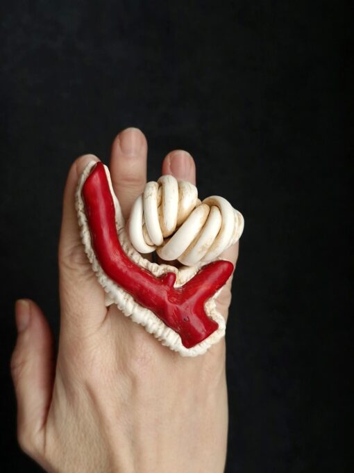 Vegan Ivory & Red Sculptured Ring - Size 8 - Image 3